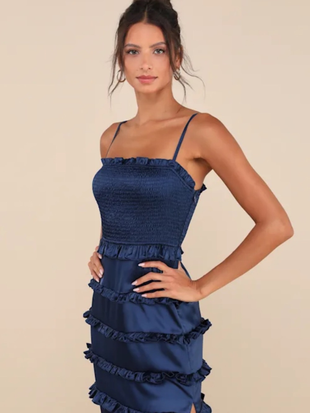 New Lulus Sincerely Fabulous Navy Ruffle-Tier Satin Maxi Dress - Women's Sz XL - Picture 2 of 8